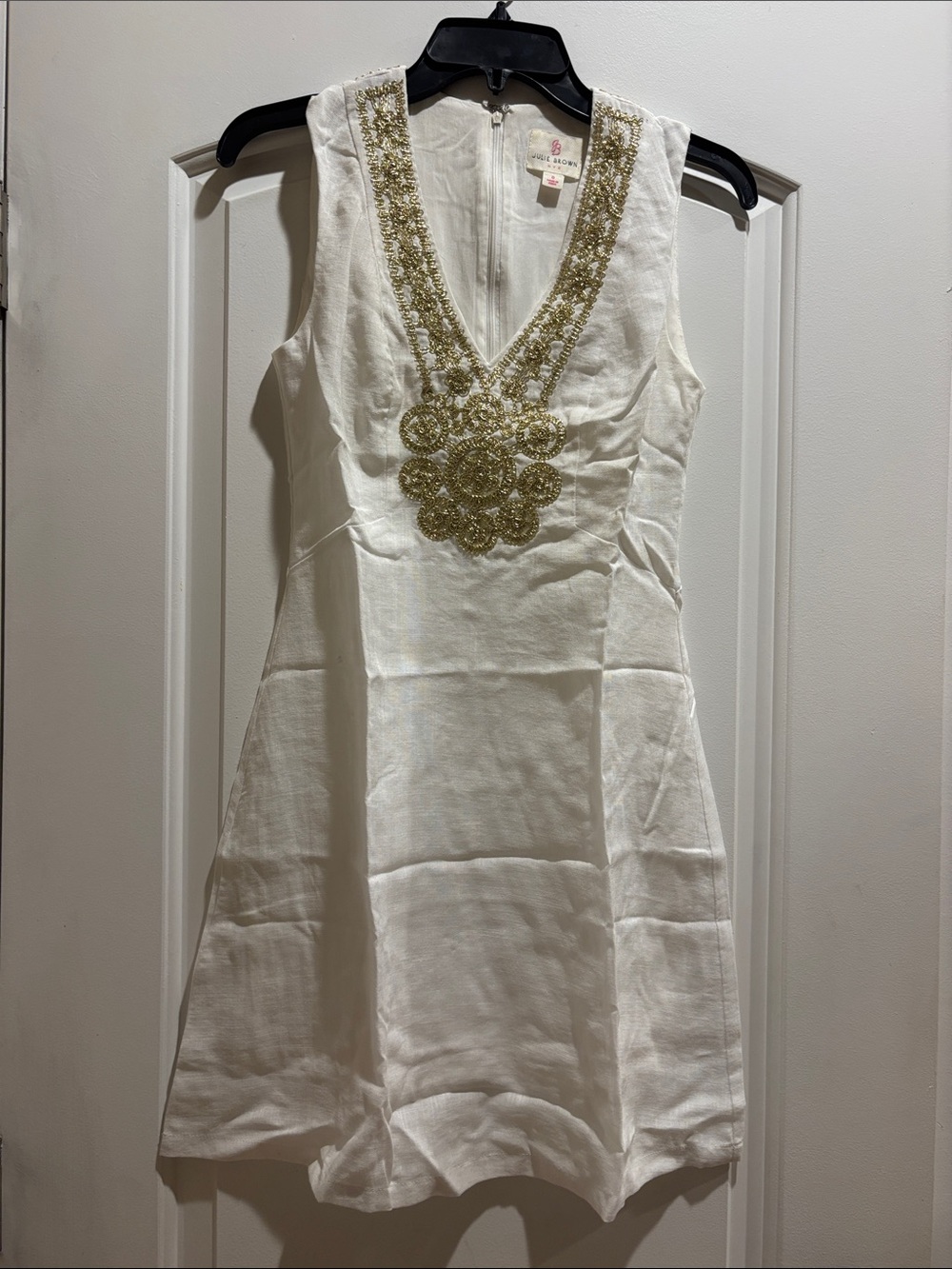 JB by Julie Brown White Sleeveless Mini Dress with Gold Embroidered V-Neck 0